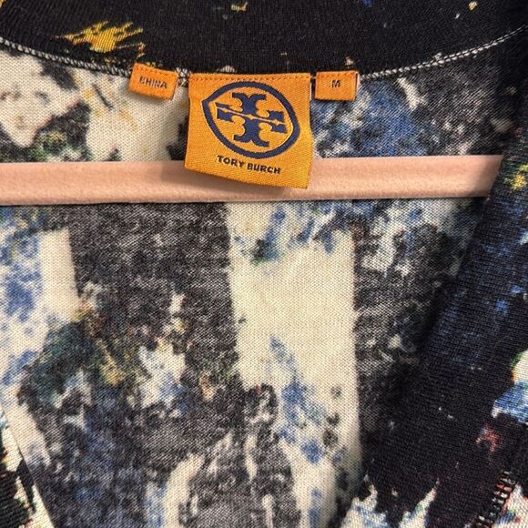 Tory Burch Simone Abstract Splatter Print Logo Button Wool Cardigan Size Medium - Picture 3 of 5